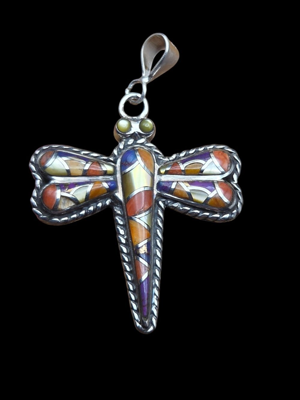 Sterling Silver Dragonfly Pendant Multicolor Stone Inlay